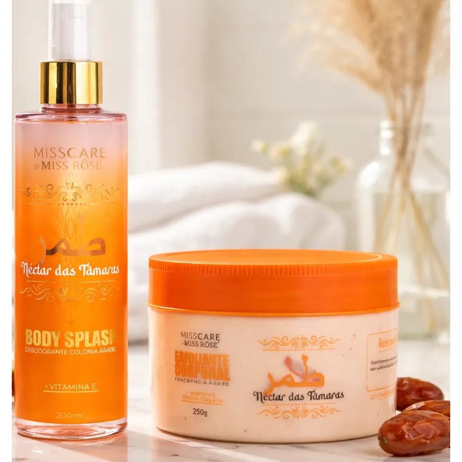 Kit Cuidado Corporal Árabe Body Splash + Esfoliante Corporal Nectar das Tamaras Miss Rose Hidratante