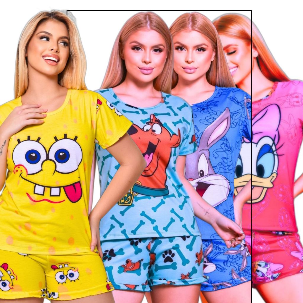 Pijama Feminino Verão Baby Doll Curto Adulto Várias Estampas