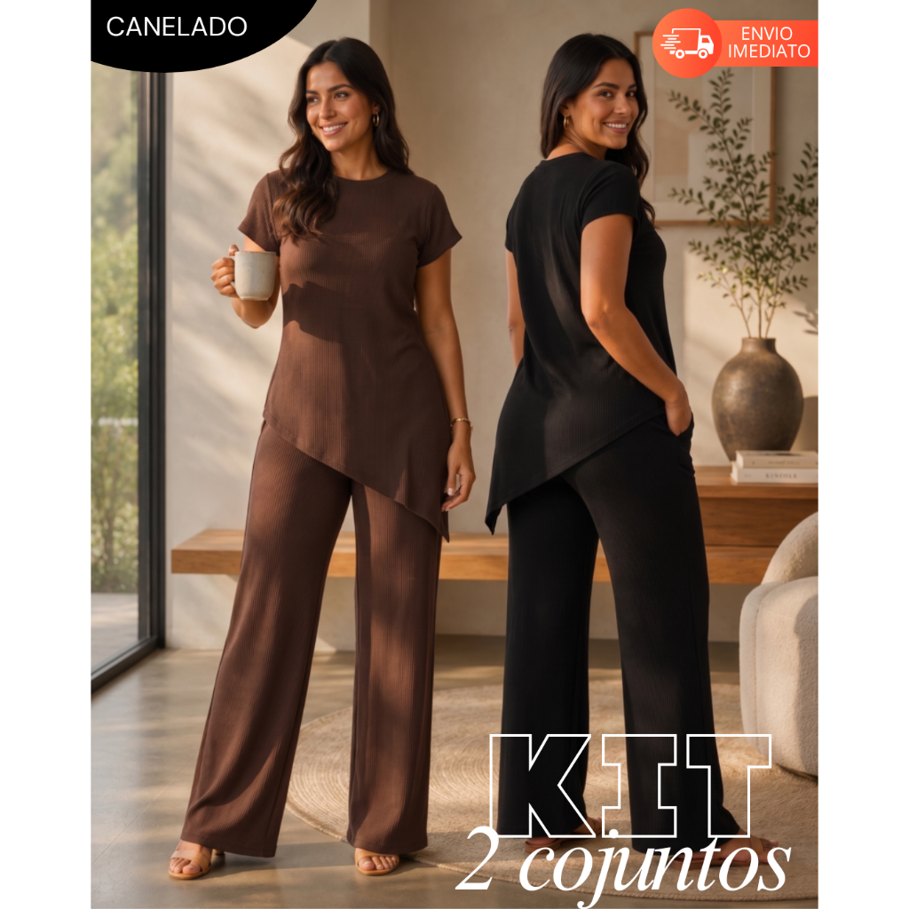 Kit 2 Conjunto Feminino Canelado Pantalona Elegante Assimetrico Confortavel
