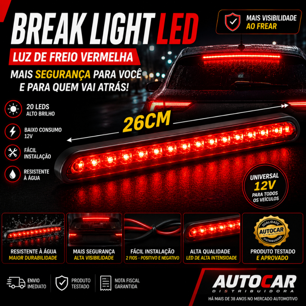 Break Light LED Universal 26cm 20 LEDs Luz de Freio Vermelha 12V Carro 3ª Luz Freio Alta AP039
