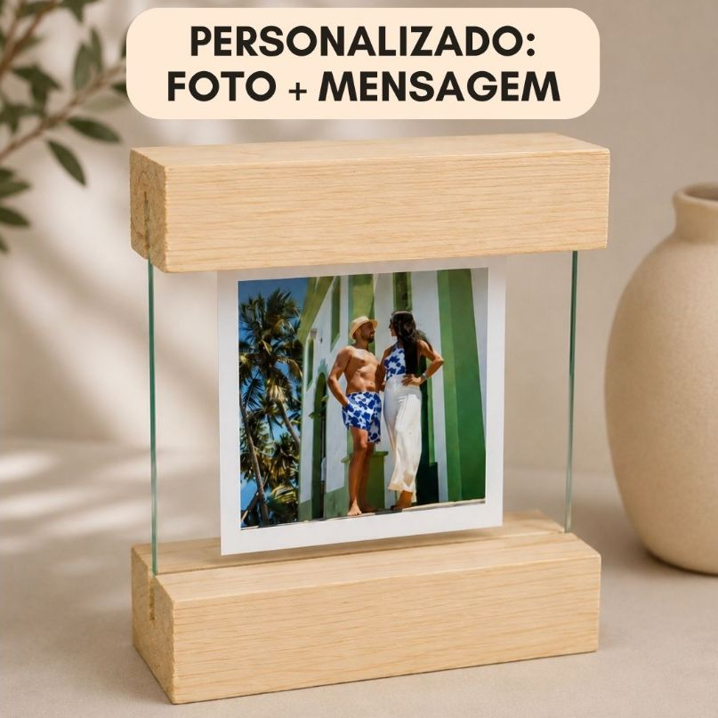 Porta Retrato com Base Madeira e Vidro Duplo Personalizado Mine Presente Romântico Decorativo Namorados
