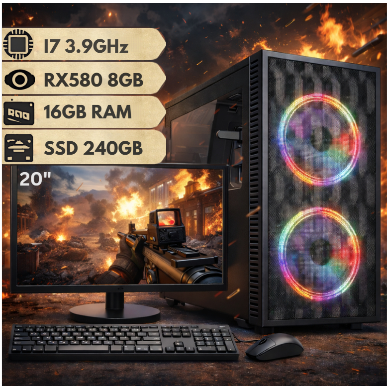 Computador Gamer Intel Core i7 Placa de Vídeo RX580 8GB com SSD 240GB e 16GB RAM C/ Monitor 20"