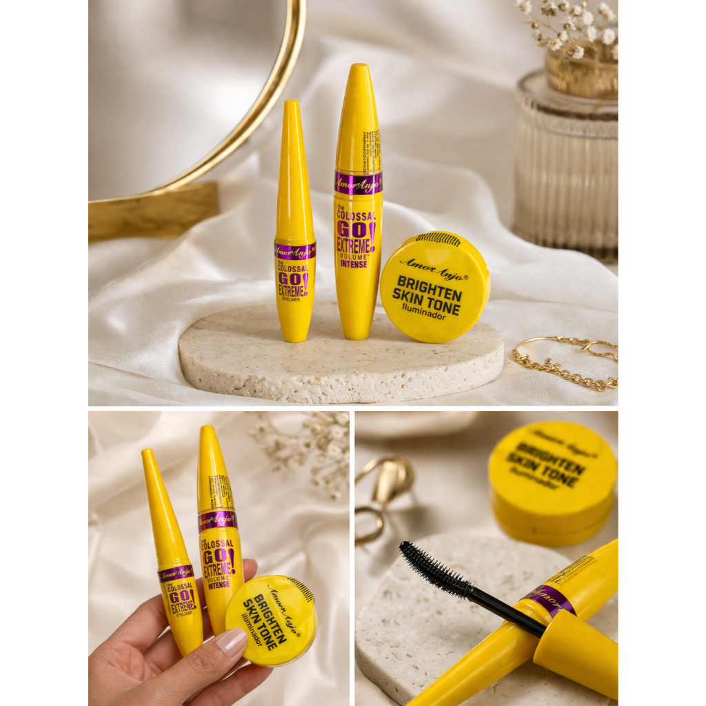 Kit Maquiagem 3 em 1 Máscara para Cílios + Delineador + Iluminador Facial