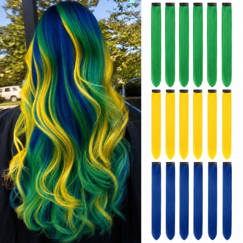 Mechas cores da bandeira Brasil verde amarelo azul 3 unidades tic tac de fibra orgânica 65cm suporta chapinha e babyliss