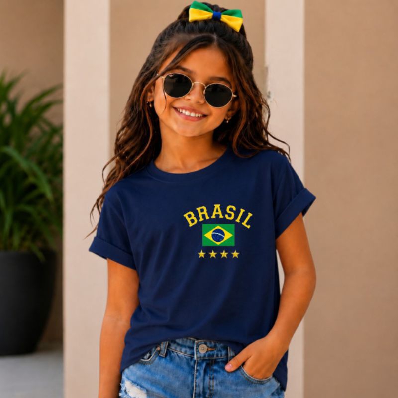 Camiseta  infantil  Brasil copa bandeira menina e menino  algodão criança tamanho 2 ao 14.