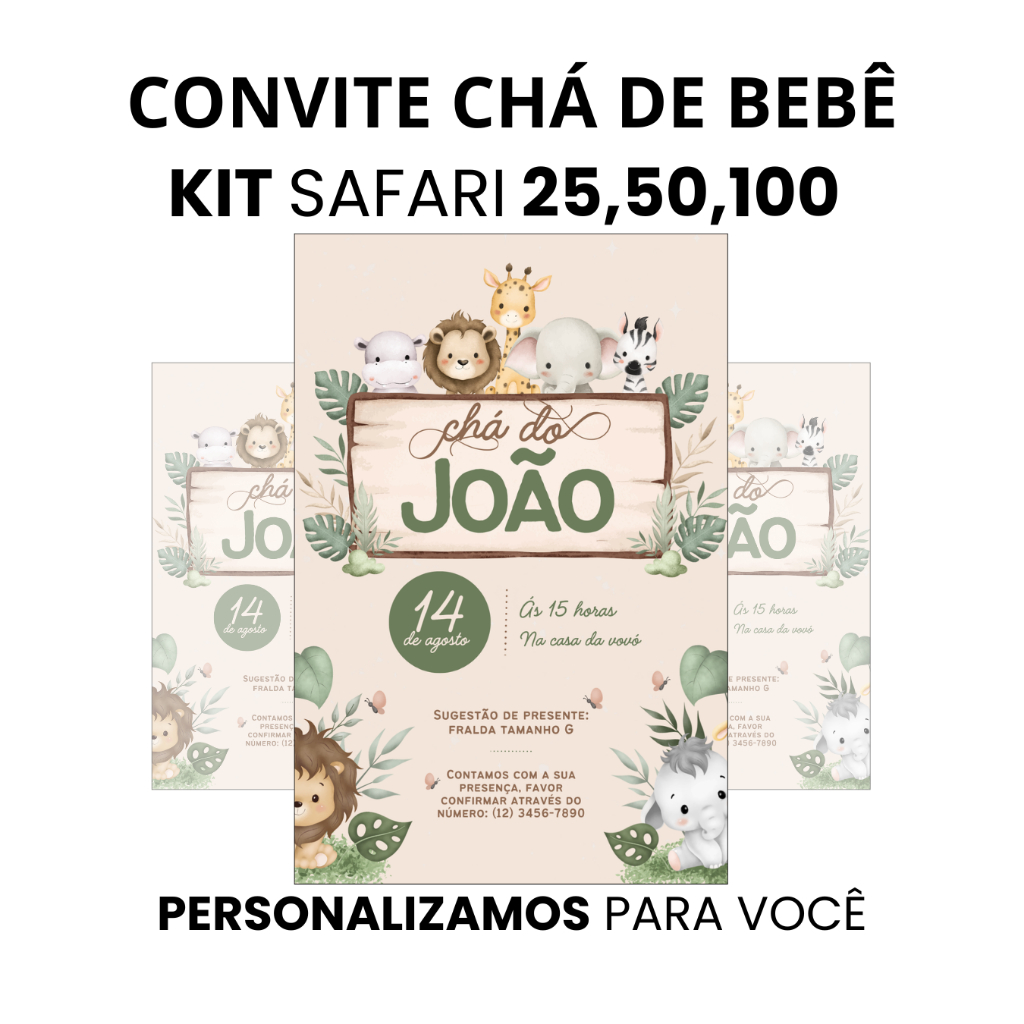 Convite personalizado chá de bebê menino tema safari, impressão colorida em papel glossy fotográfico