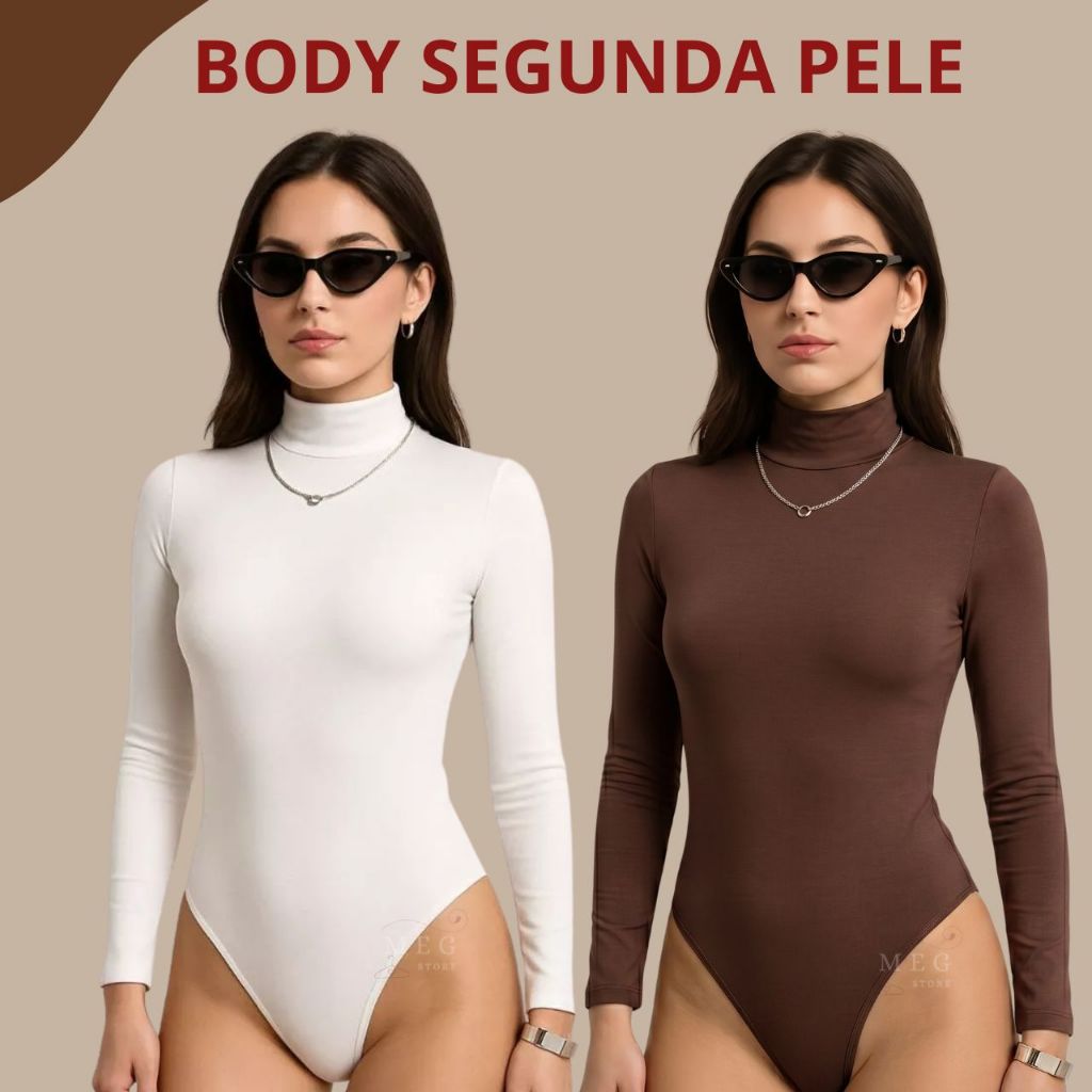 Body Suplex Feminino Gola Alta Manga Longa Roupa Justinha Elegante Básica Tecido Confortável Fashion