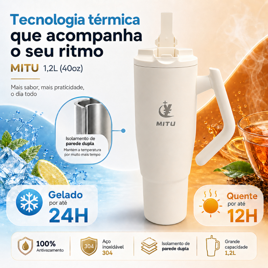 Detalhes do Copo Térmico Inox 1.2L Garrafa Térmica Multifuncional Grande Capacidade Conserva Quente e Frio para Camping