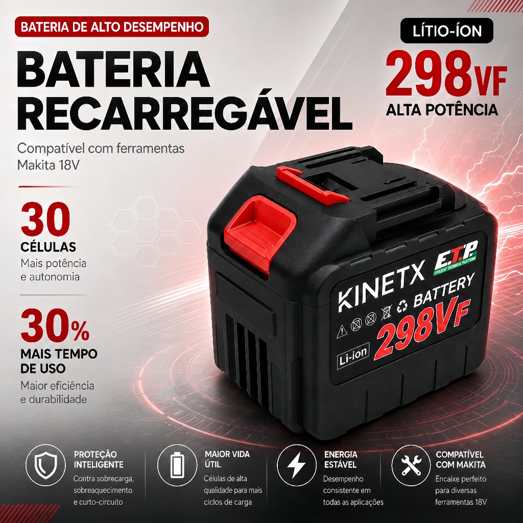 Bateria 298Vf/198Vf/98Vf Longa Duração 30 Células Compatível Makita 18V Recarregável Alta Potência Li-ion Kinetx