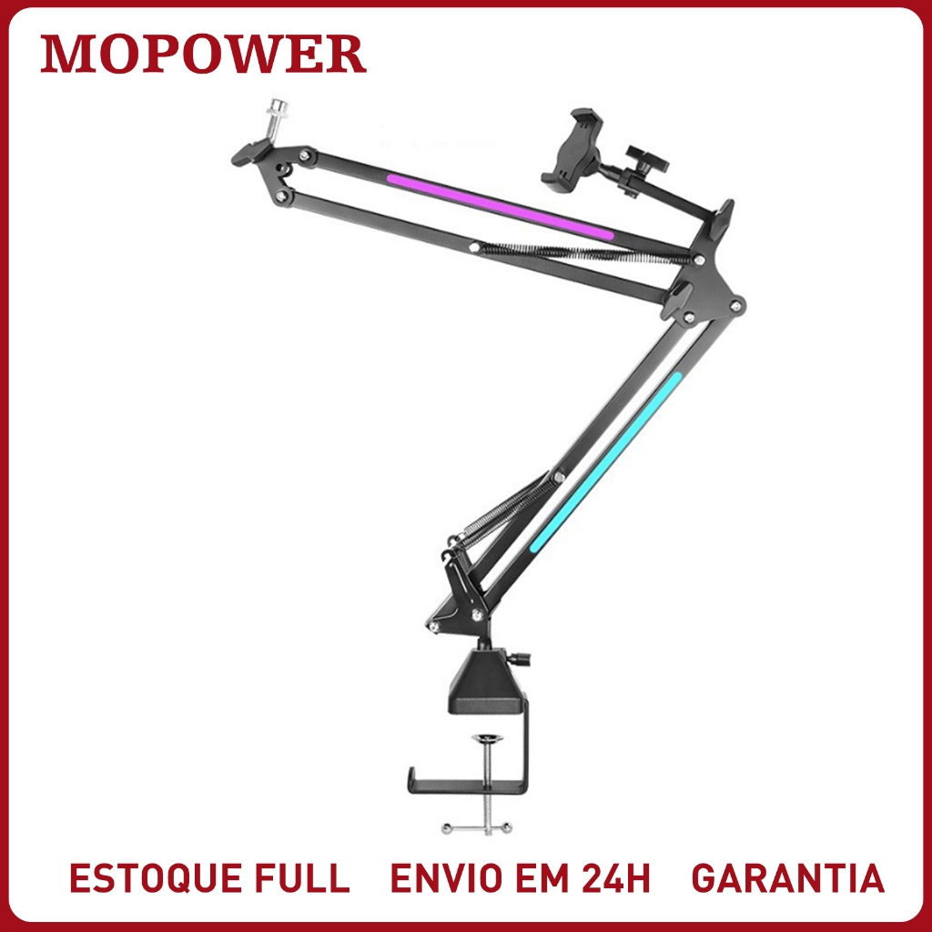 Suporte Articulado Para Microfone De Mesa RGB Gamer + Suporte Celular Podcast Streaming