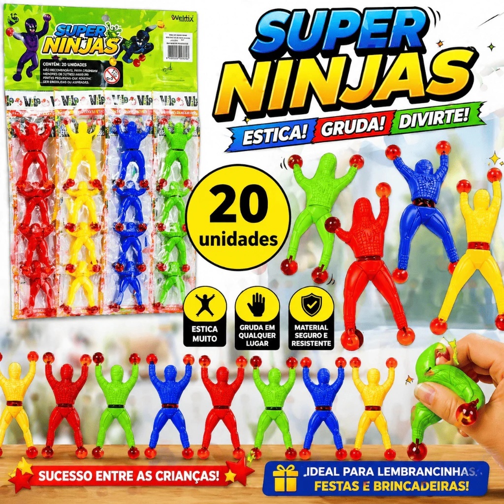 KIT 20 Super Ninja Boneco Gruda Parede Escala Grude Vidro Brinquedo Lembrancinha Festa Infantil