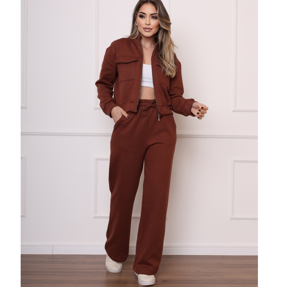 Conjunto Moletom Flanelado Grosso Calça E Casaquinho Moda Inverno COD 092