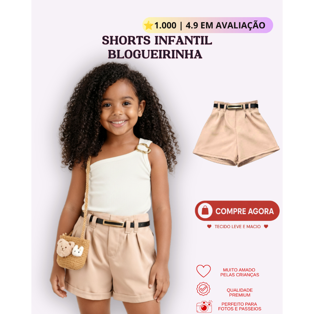 Short Infantil Menina Alfaiataria com Cinto Elegante - Moda Kids  TAMANHO 4 ao 10