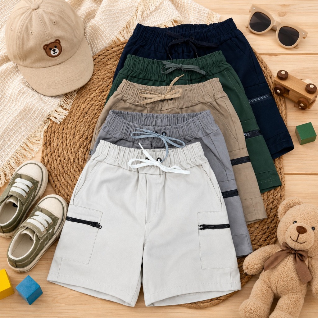 KIT COM 3 BERMUDAS MENINOS INFANTIL DE SARJA MODELO CARGO DE ZÍPER DO 2 AO 16