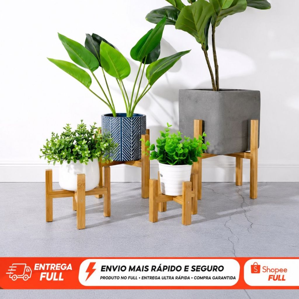 Suporte Cachepot Kit com 3 De Madeira Pinus 1P 1M 1G Vaso Planta Decoração Enfeite Ambiente Verde
