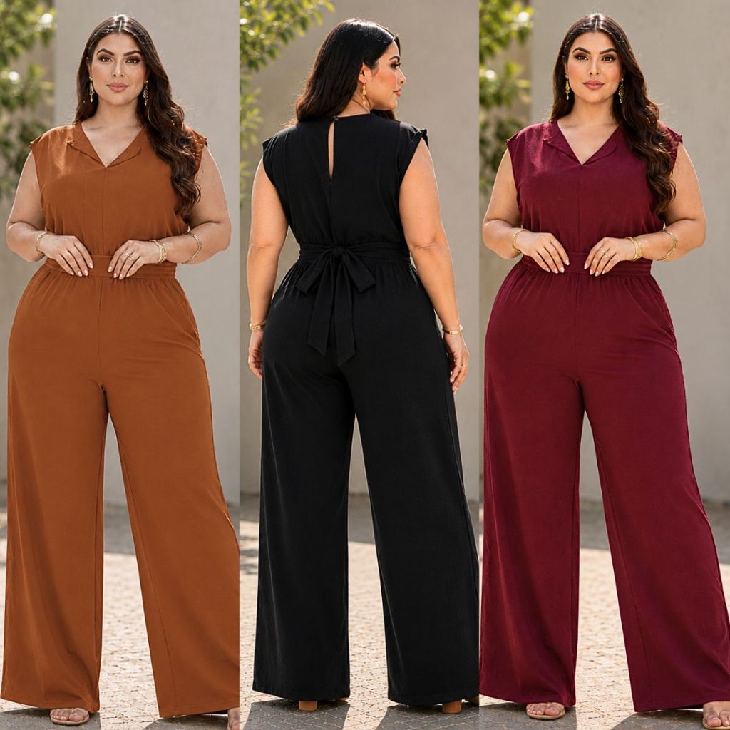 Macacão Ju Feminino Plus Size Social Com Tira Amarração Cintura Pantalona Longo Moda Evangélica Elegante Outono Inverno