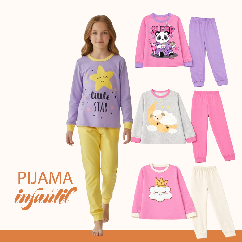Pijama de Menina Infantil Manga Longa Feminino Inverno 100% Algodão100% Algodão Confortável
