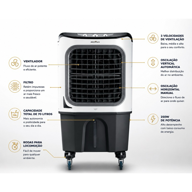 Climatizador de Ar Britânia 4 em 1 70L 127v – Potência, Frescor e Conforto