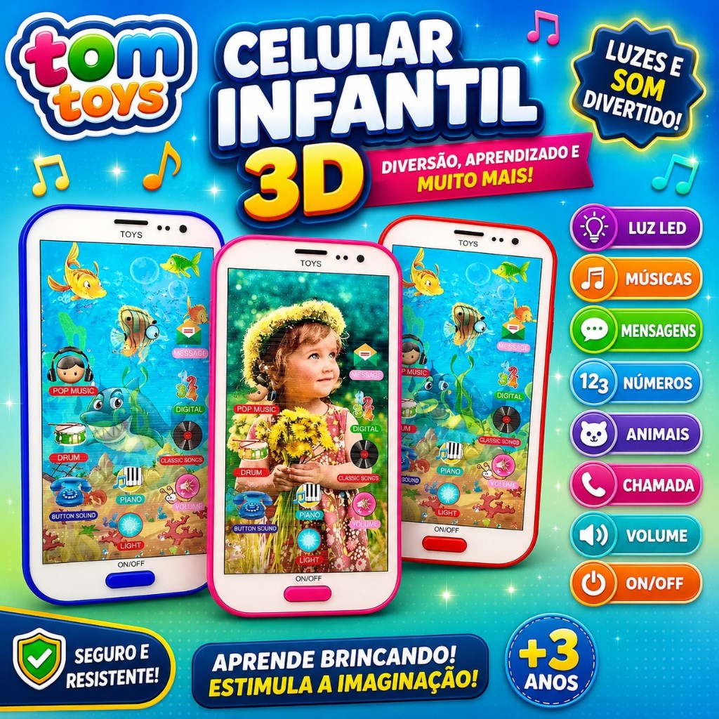 Brinquedo Celular Infantil Musical Sons Com imagem 3D Smartphone Para Criança Infantil Interativo Touch 3D