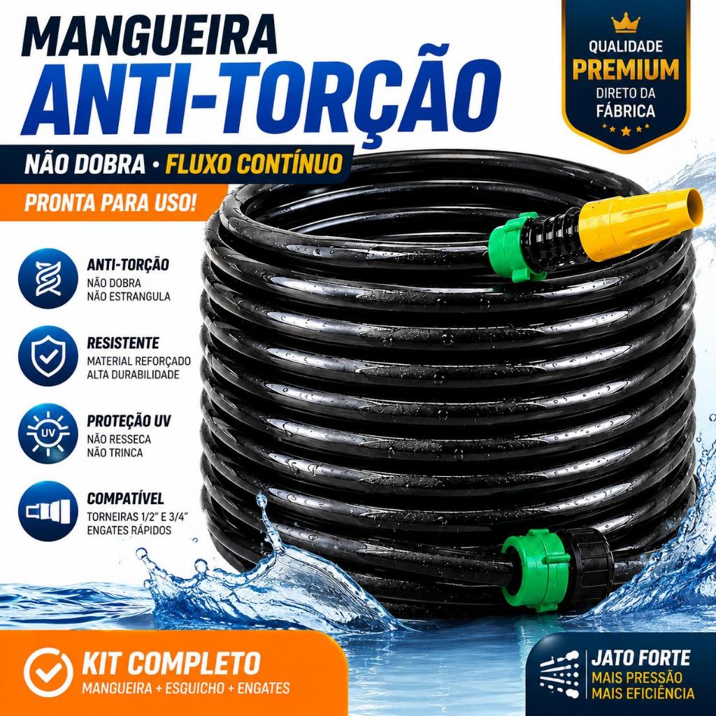 Mangueira de Jardim Anti-Dobras Reforçada Preta Completa com Bico e Conector de Torneira | Mangueira Não Dobra