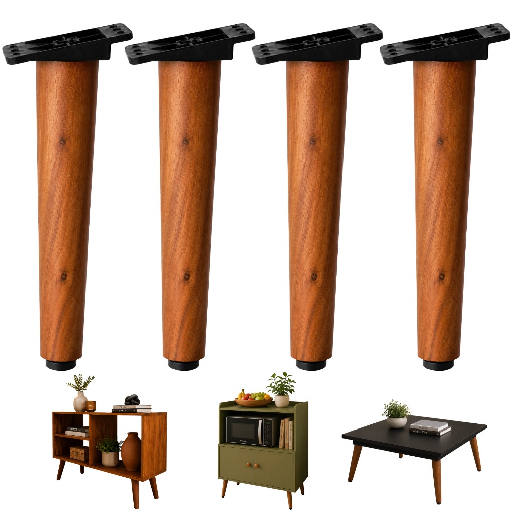PÉS PALITO 30CM DE EUCALIPTO KIT 4 PÉS MADEIRA MACIÇA PARA RACK  MÓVEIS RETRÔ MODERNO KIT COMPLETO ACOMPANHA PARAFUSOS