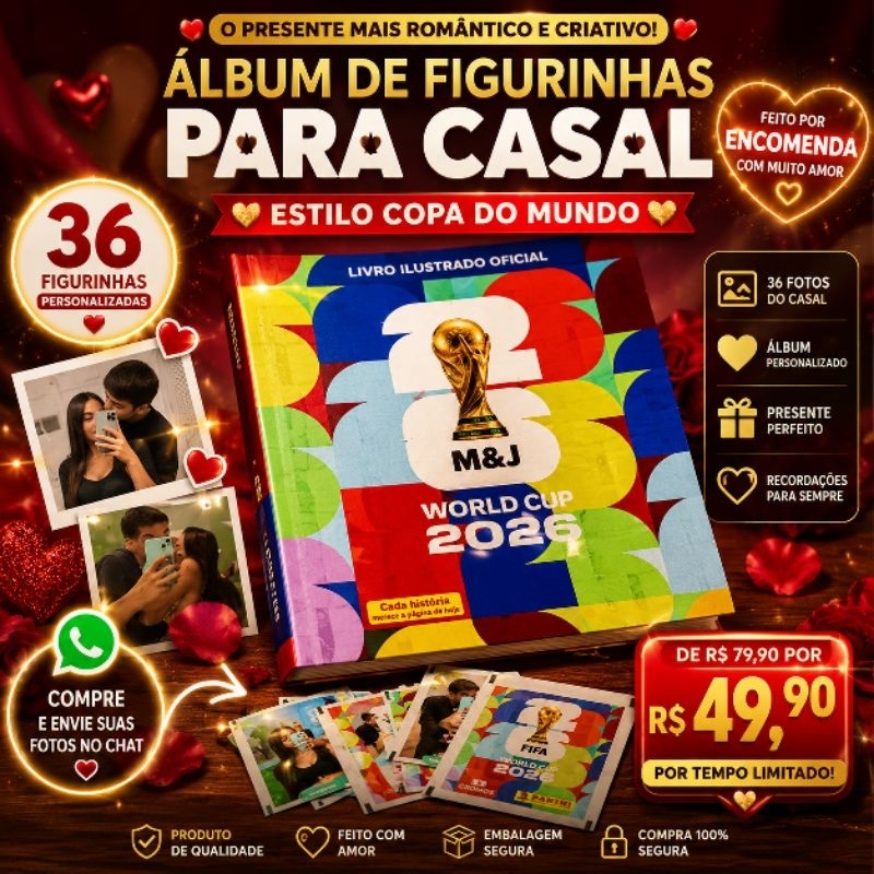 Álbum de Figurinhas Personalizado para Casal ❤️ Estilo Copa do Mundo com 36 Fotos | Presente Dia dos Namorados