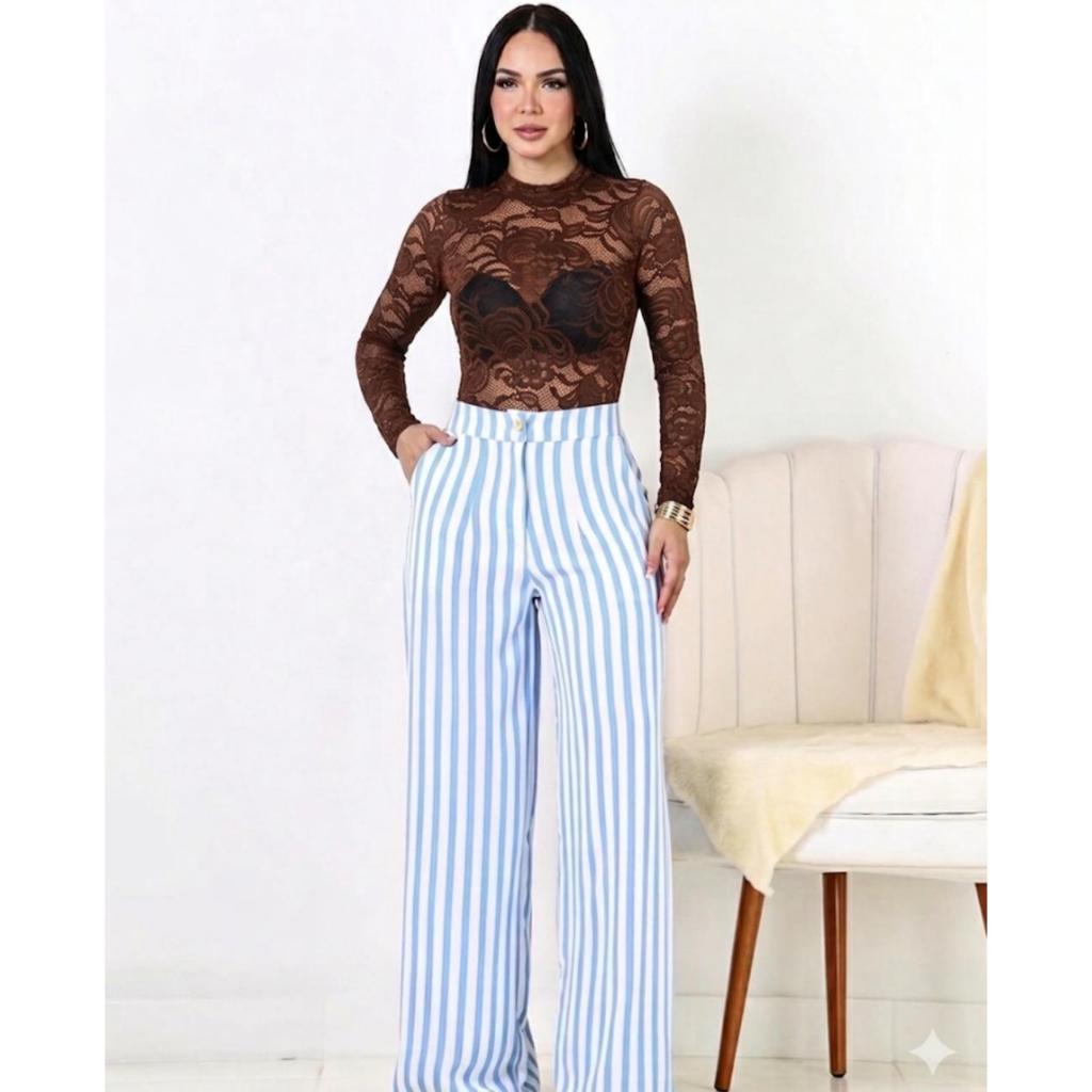 CONJUNTO FEMININO COM CALÇA WIDE LEG E BODY DE MANGA LONGA