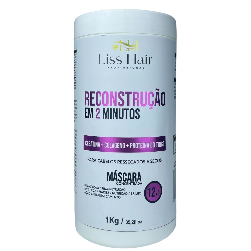 Máscara Reconstrução em 2 Minutos 12x1 Hidratação, Reconstrução Nutrição 1kg Liss Hair