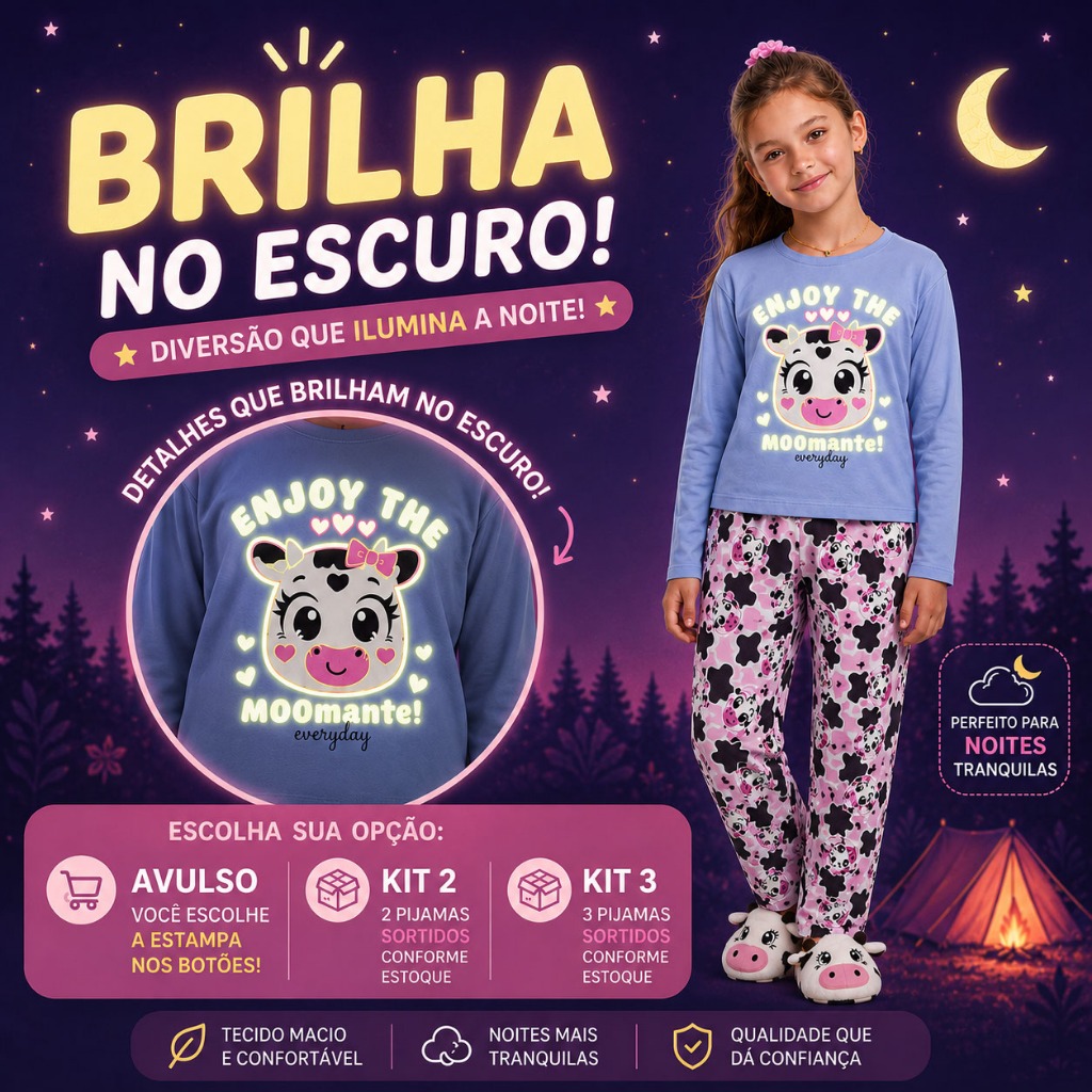 Pijama Infantil Menina Brilha No Escuro Manga Longa Avulso/ Kit 2 Kit/ 3 Sortido