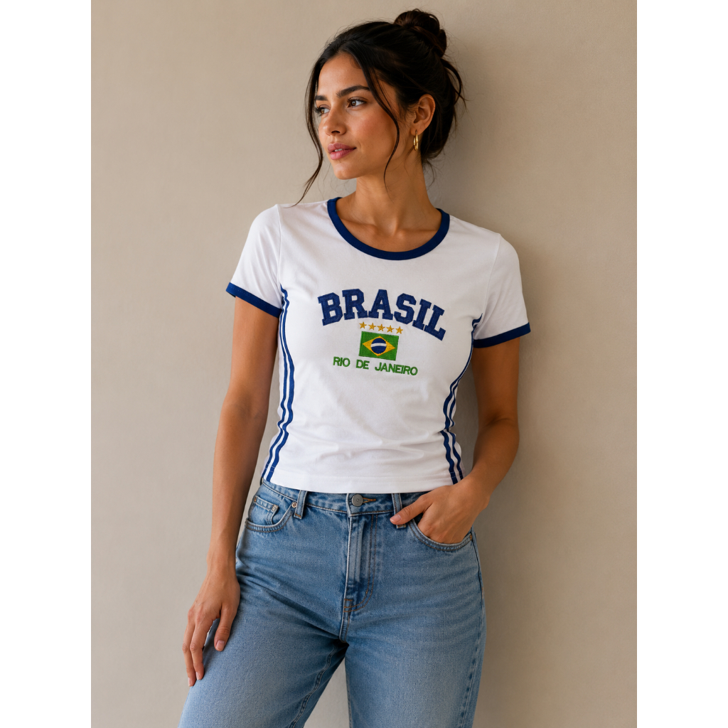 Camiseta do Brasil Feminina Bordada BabyTee Ribana