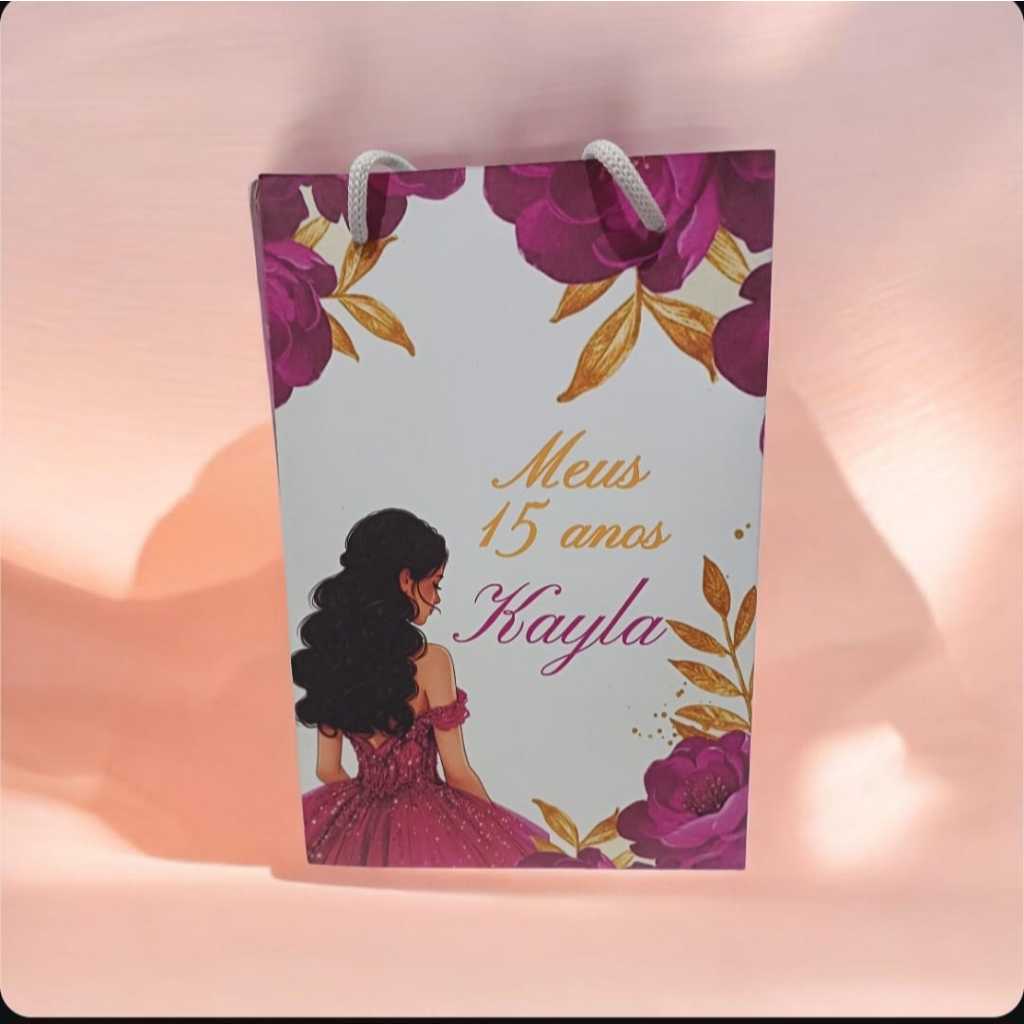 Sacolinha Personalizada com nome e idade (Tamanho M) 15 anos Rosa Fucsia Pink Debutante Festa Aniversário Lembrancinhas