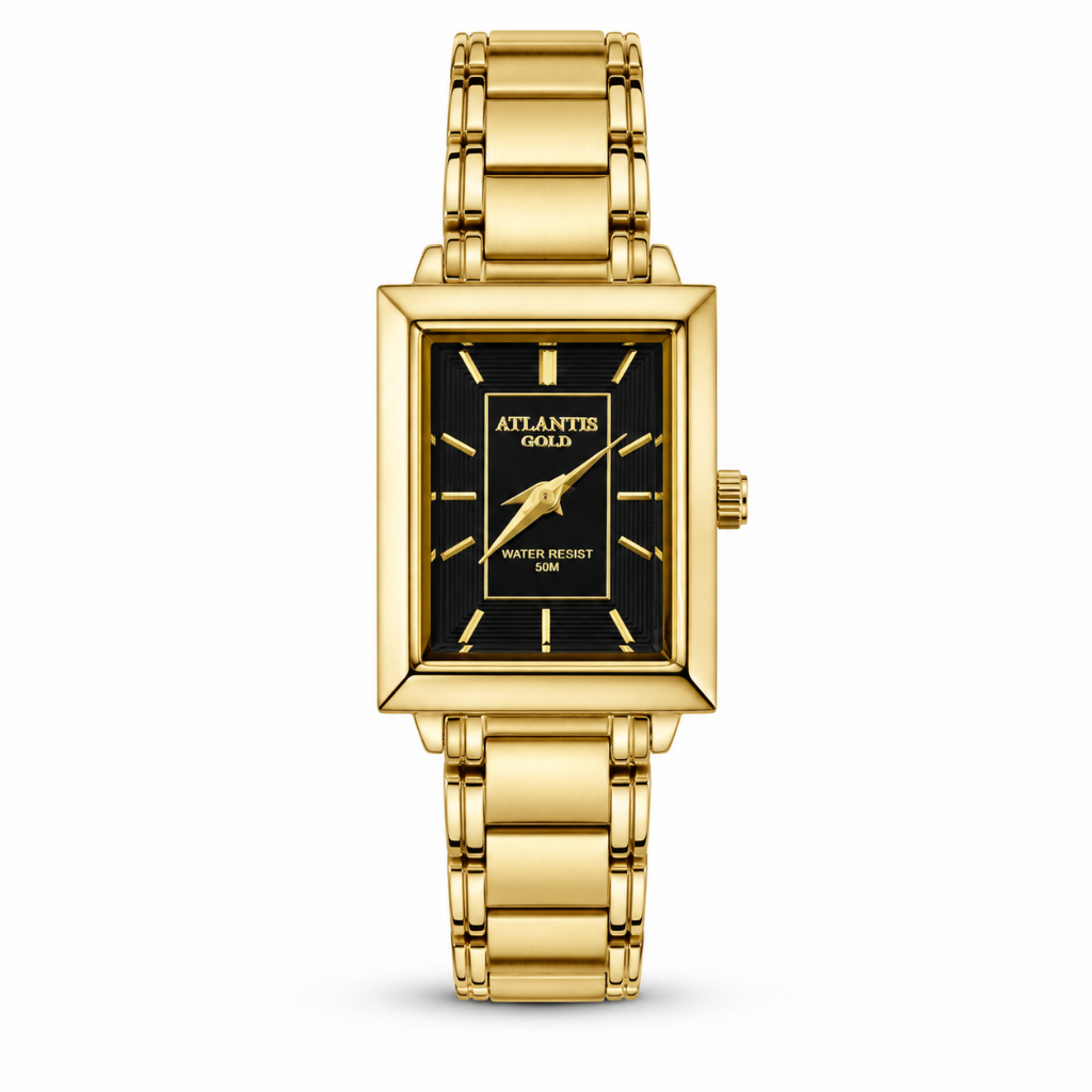 Relógio Feminino Atlantis Gold Retangular Dourado Mostrador Preto 50M Elegante