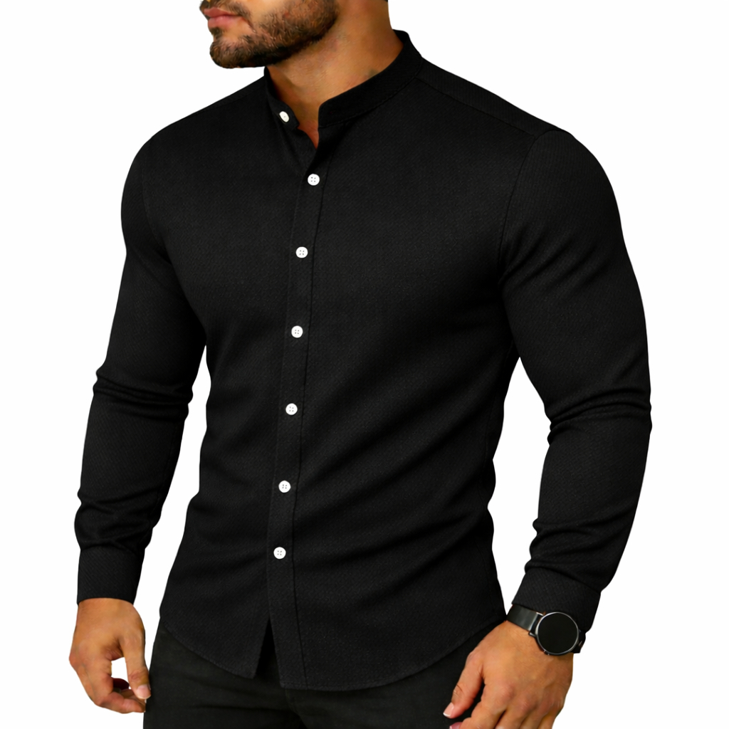 Camisa Slim Blusa Social Masculina Manga Longa Gola Padre - Camisa de Botão Camisa de Gola