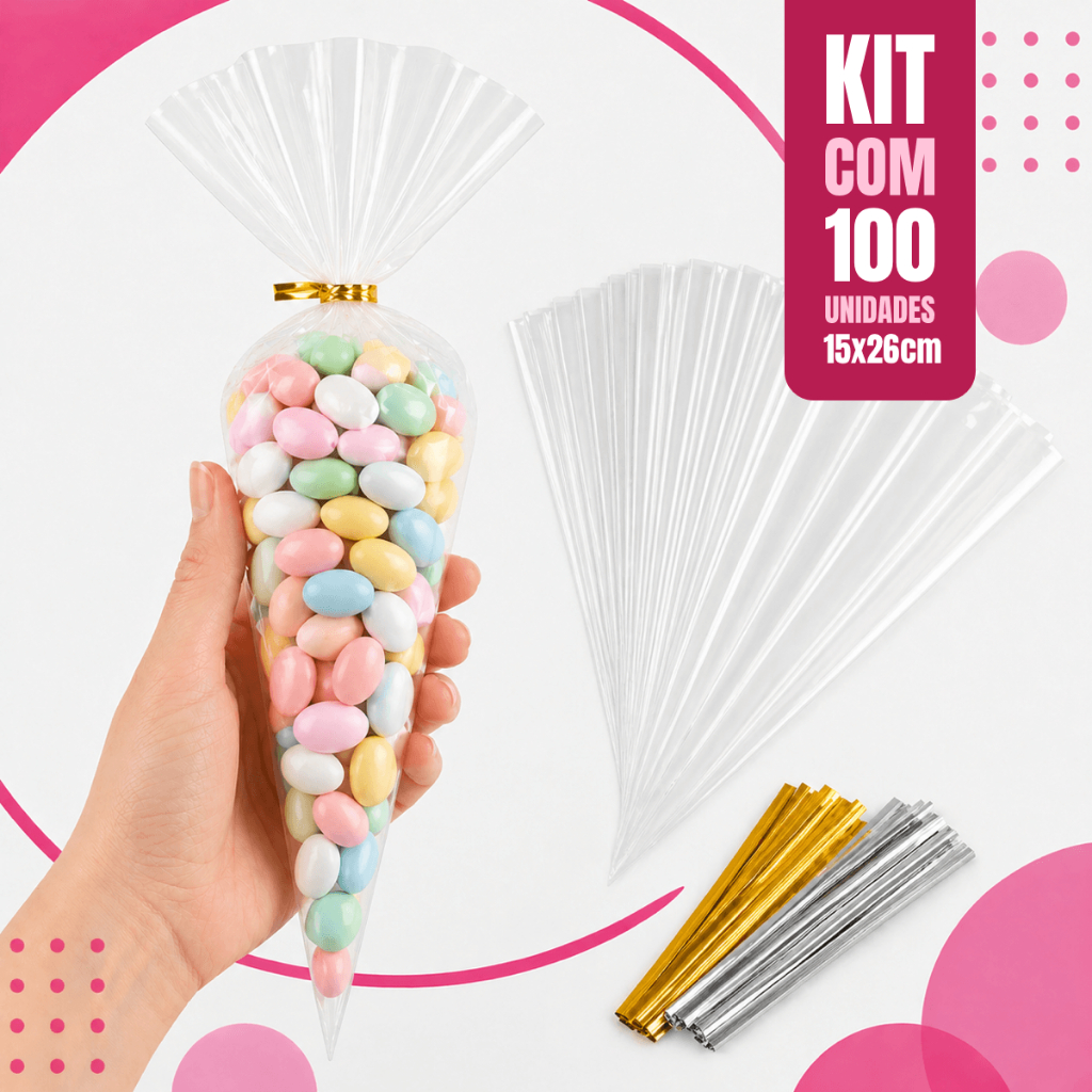 Kit Saquinhos 15x26cm Formato Cone Transparente Embalagem Festa Confeitaria Doces