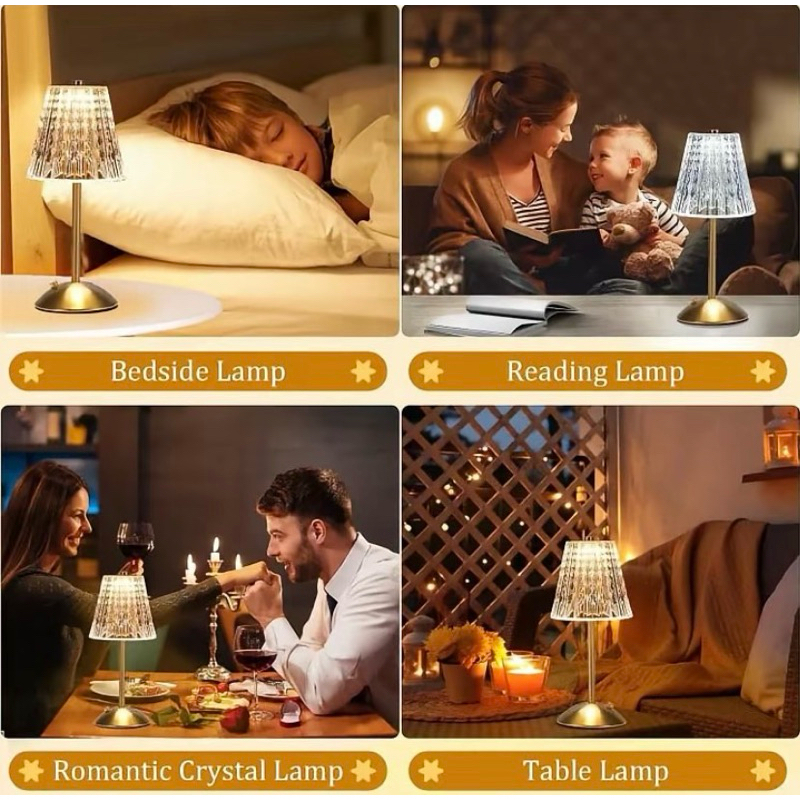 Luminária LED Sem fio Recarregável 3 Tons Abajur Cristal Candeeiro Cabeceira Decoração Sala Quarto Presente