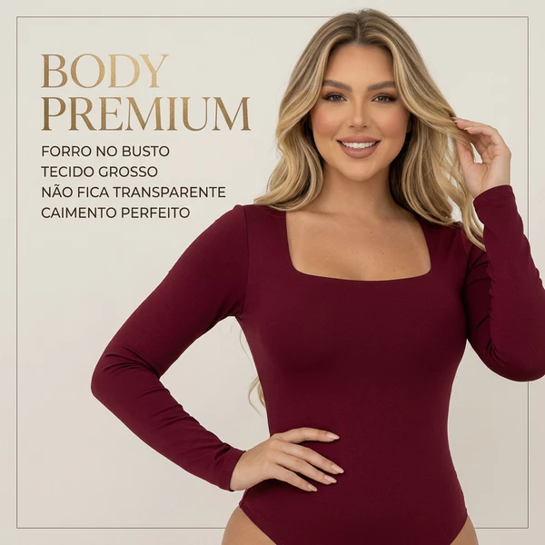 Body Manga Longa Feminino Forro Duplo Segunda Pele Casual Moderno Decote Quadrado Confortável