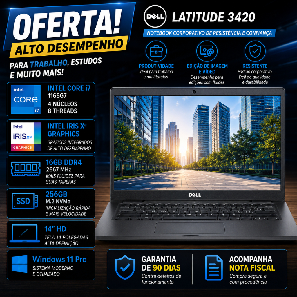NOTEBOOK DELL LATITUDE 3420 TURBINADO - I7 1165 G7 / 16GB RAM / 256GB SSD NVME / 14"  / W11
