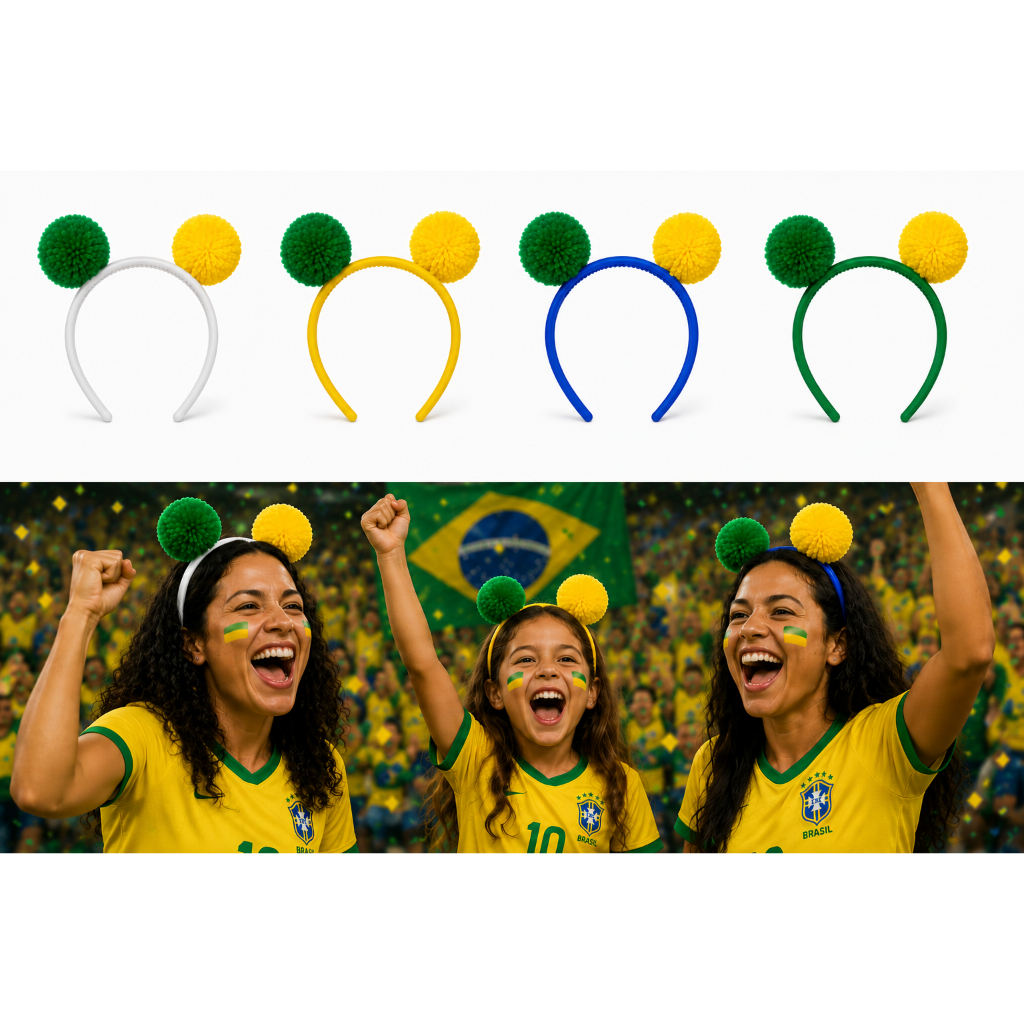 Tiaras Copa do Mundo Brasil 1/2/4/8 und– Verde Amarelo Azul e Branco com Pompom Duplo