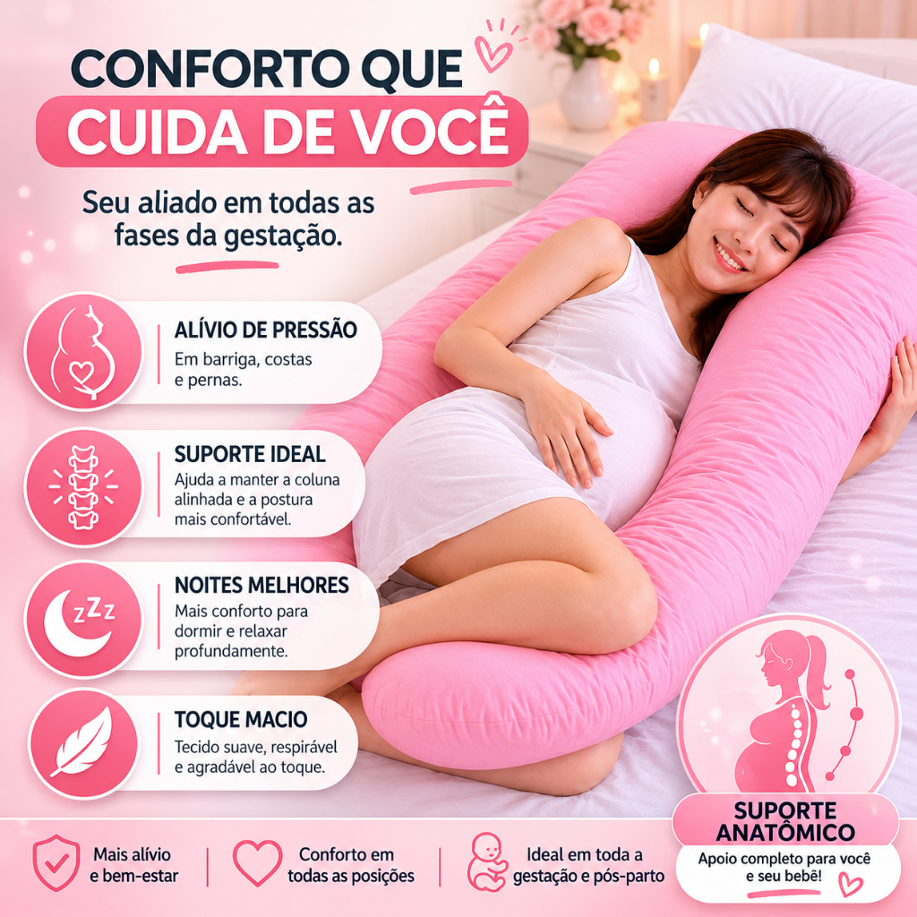 Almofada Gestante em U 1,20m Travesseiro Corpo Inteiro Gravidez Dormir Melhor Fibra Silicone
