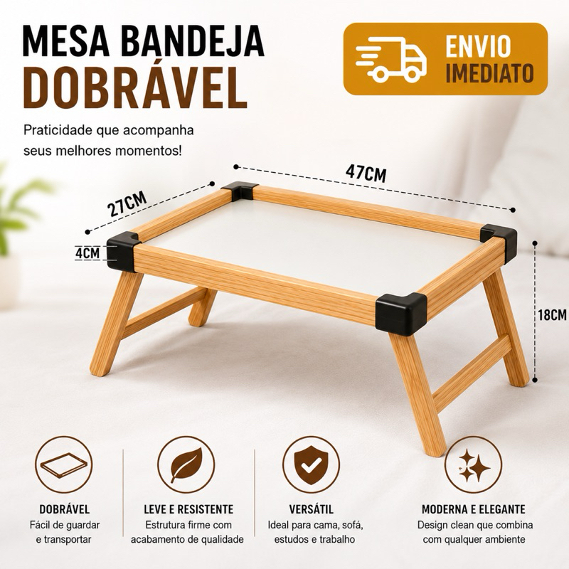 Bandeja Mesinha Dobrável de Madeira para Café na Cama Sofá Notebook Café da Manhã Refeição