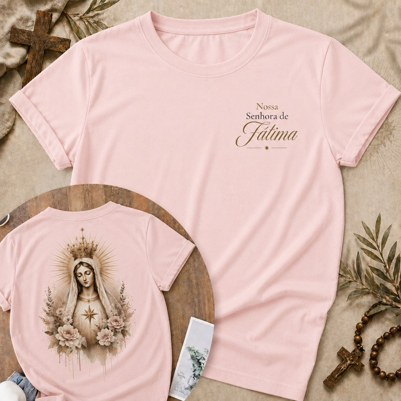 Roupa Cristã Moda Urbana Unissex 100% Algodão Estampa Nossa Senhora de Fátima Camiseta Católica Igreja Culto Passeio