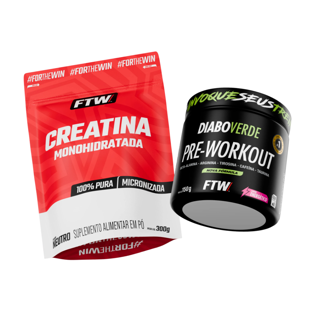 Kit Creatina Monohidratada 100% Pura Refil 300g + Pré Treino Diabo Verde Pre-Workout 150g - FTW