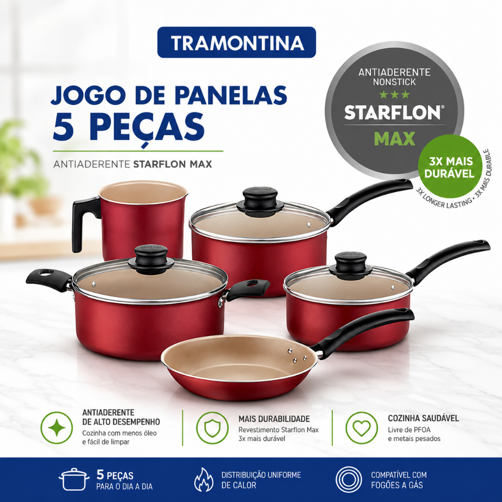Jogo de Panelas 5 Peças Turim Tramontina Com Revestimento Interno e Externo em Starflon Max