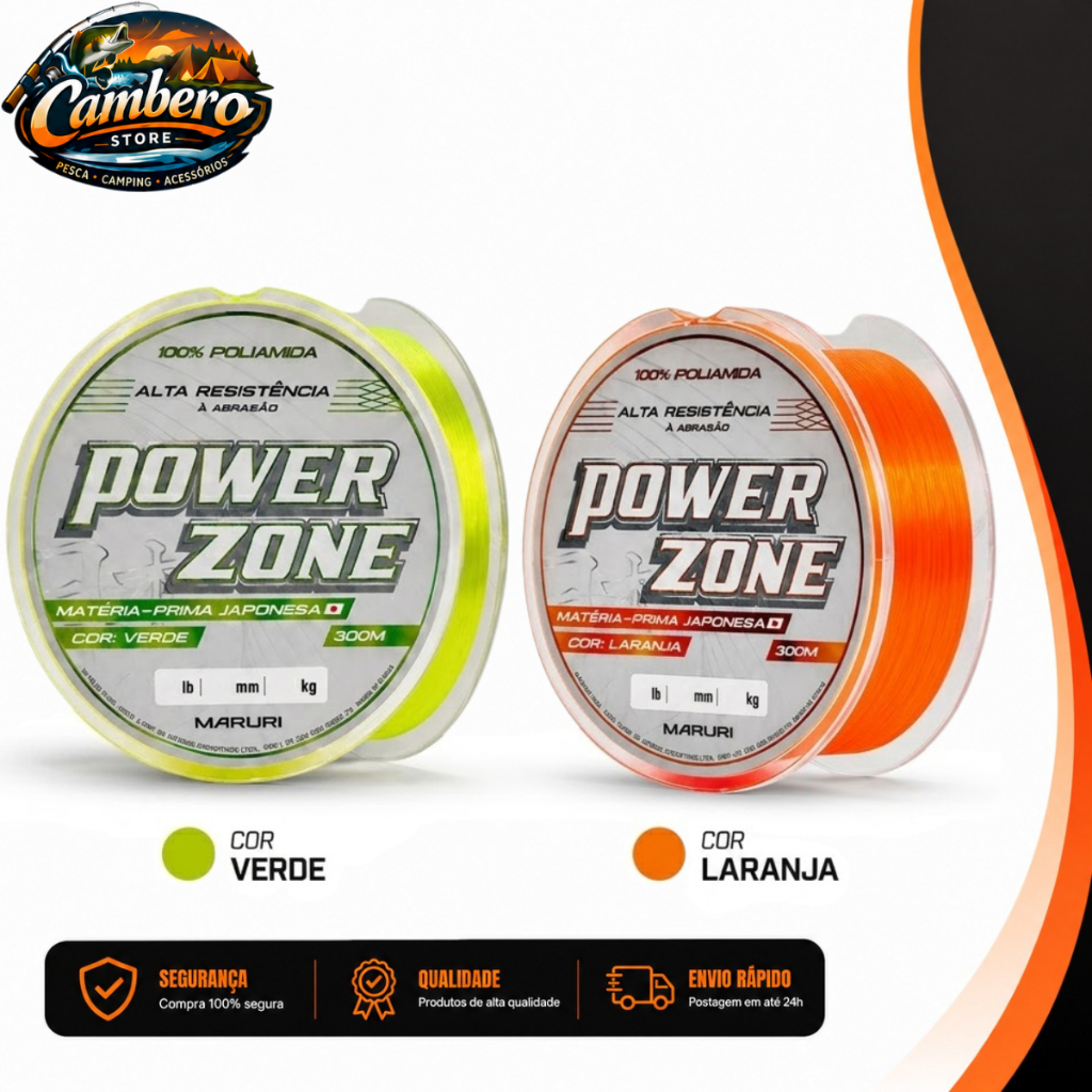 Linha Monofilamento Maruri Power Zone 0,37mm, 300 Metros Verde e Laranja