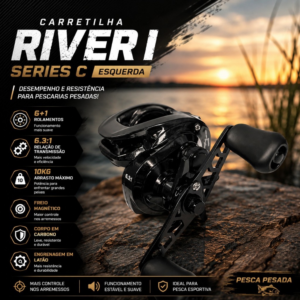 Carretilha River I Series C Esquerda 7 Rolamentos Drag 10kg Pesca Pesada Freio Magnético