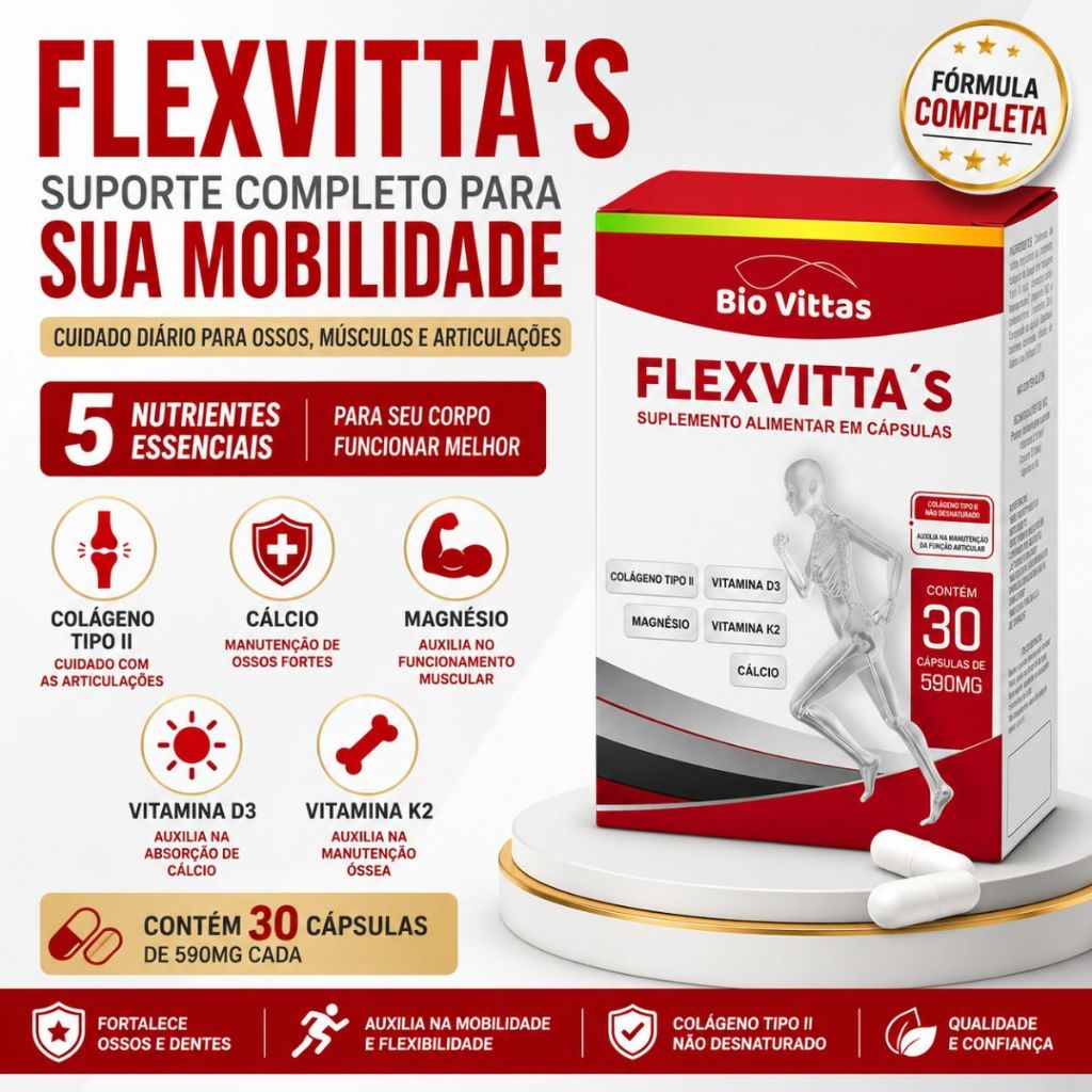 Colágeno Tipo II + Cálcio Magnésio D3 K2 MDK 30 Cápsulas - FlexVittas - Bio VittaSS