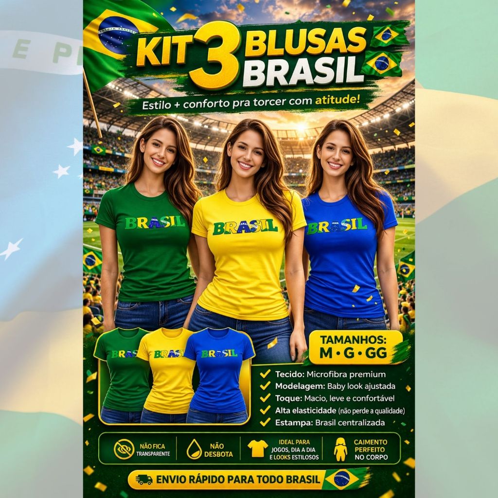 Kit 3 Blusas Feminina do Brasil Gola Redonda Manga Curta Cores Copa do Mundo Confortável