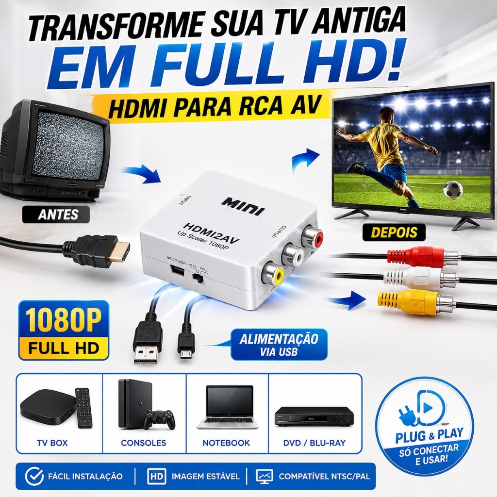Conversor HDMI Para AV RCA 1080P Adaptador TV Antiga TV Box DVD