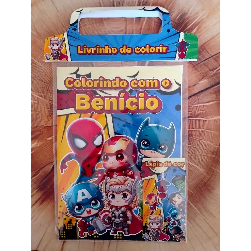 Kit Livrinho/ Revista de Colorir Personalizado Infantil + Lápis ou Giz | Heróis Baby-Todos os temas | Lembrancinha Festa