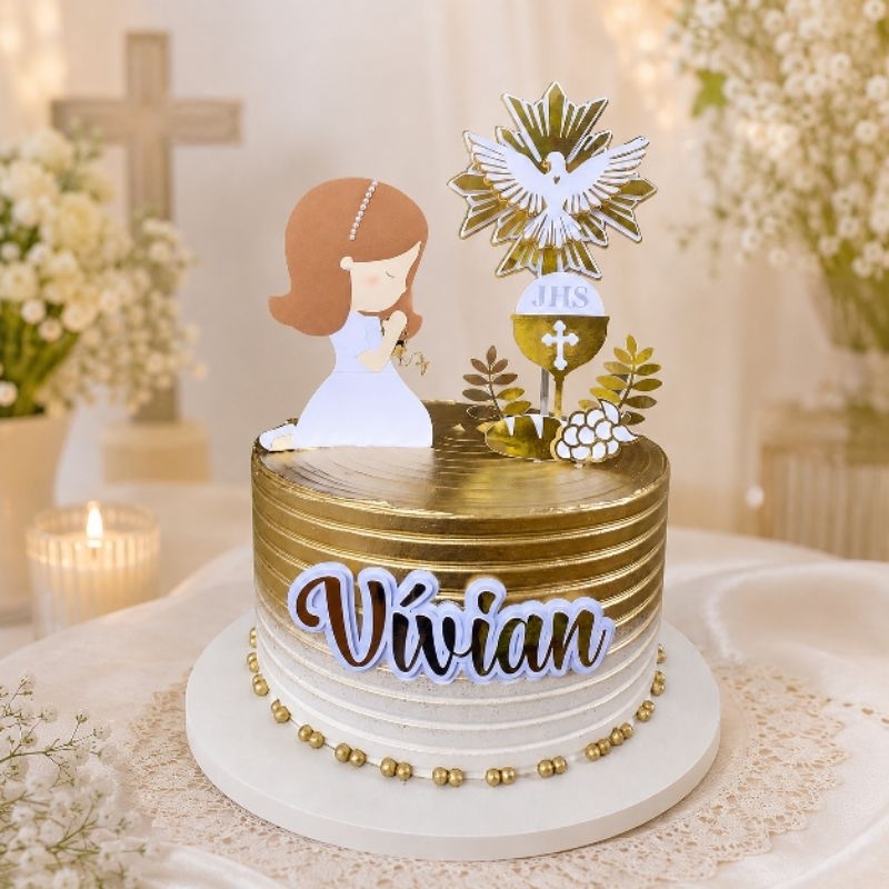 Topo de Bolo Personalizado Batizado Crisma Eucaristia Primeira Comunhão Menina Menino